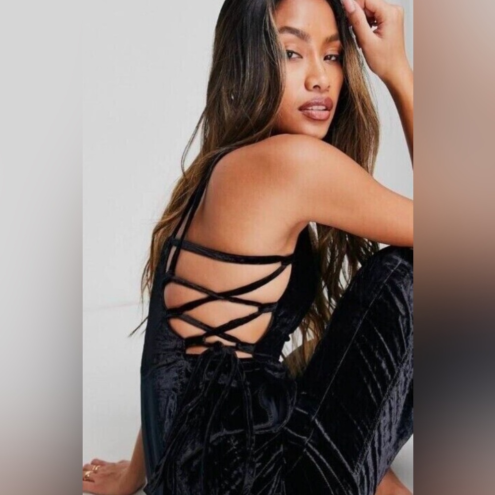 Free People 90’s Forever Velvet Overalls Jumpsuit Lace Up - Picture 2 of 8